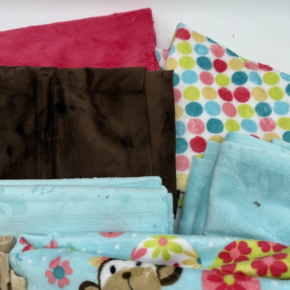Lot Minky Fleece Baby Fabric 1 Monkey Print (2/3 yard) Pink Brown Blue Remnants - Image 2 of 4