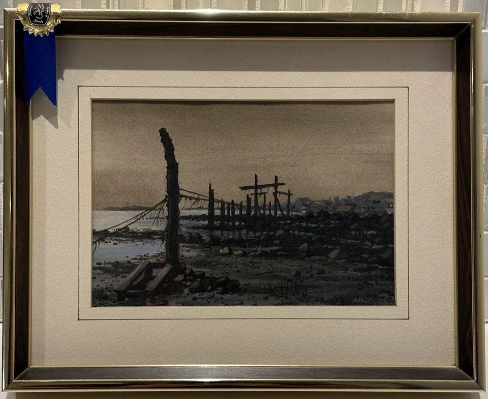 Original Firmado Miniatura Acuarela Marea Baja John Angelini 1974, Bellas Artes Decoración Foto 3 de 4