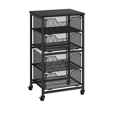 Rolling Cart with Drawers, 4-Drawer Storage Cart on Wheels with Wooden Black