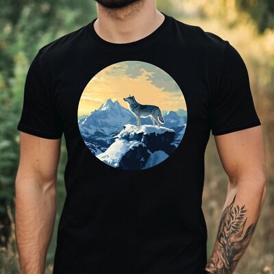 Mens Wolf On The Mountain Motif Cotton T-Shirt Size XS to 5XL
