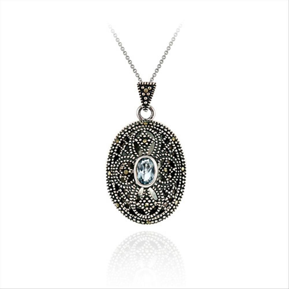 Sterling Silver Marcasite Blue Topaz Oval Cross Locket
