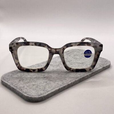 Claudia 2.75 Grey and Black Tortoise Reading Glasses Square Concave Readers NWT