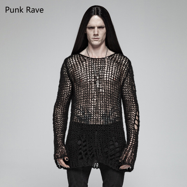 PUNK RAVE Gothic Loose Cosplay Sweater Broken Hole Men Pullovers Black  Sweater