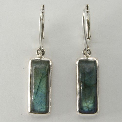 925 Sterling Silver Rectangle Square Labradorite Leverback Drop Dangle Earrings
