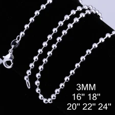 Wholesale 925 Sterling Solid silver 3MM Beads Chain Women Men Necklace 16-24inch