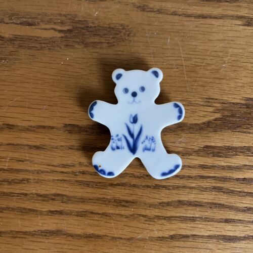 Russ Berrie & Co. Vintage Ceramic Blue and White Teddy Bear Magnet