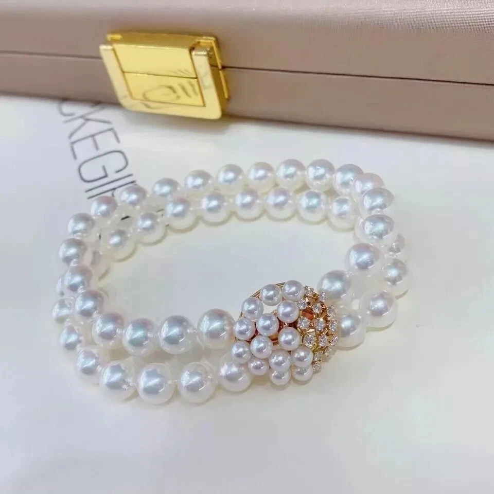 Preciosa pulsera de perlas blancas mar sur 8-9 mm 7,5-8" de dos hilos Foto 3 de 4
