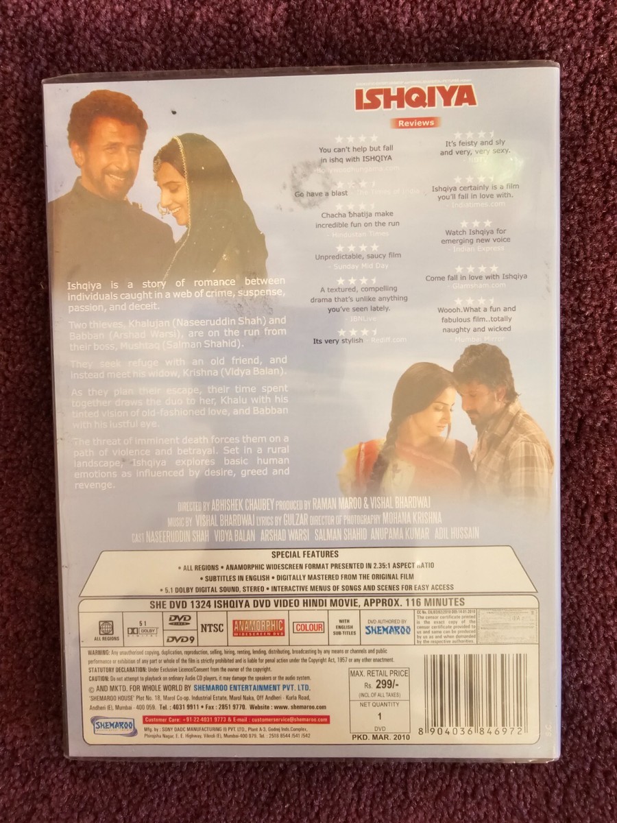 ISHQIYA Shemaroo BOLLYWOOD DVD Naseeruddin Shah Arshad Warsi Vidya