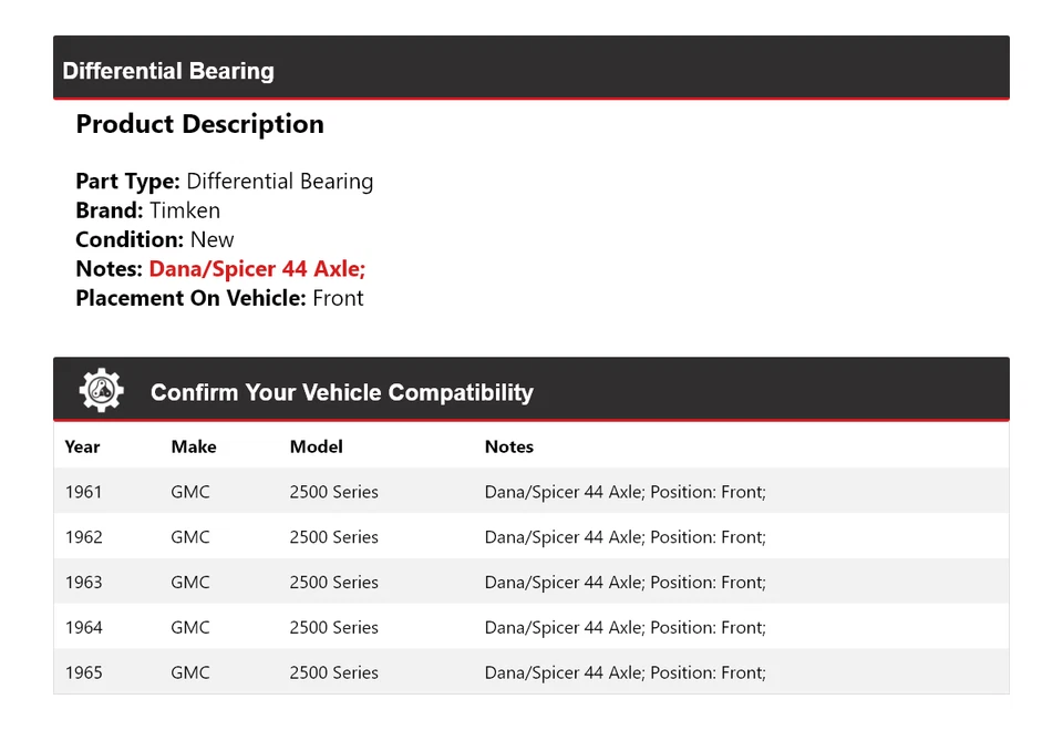 Cojinete diferencial delantero Timken 1962 1963 1964 para GMC serie 2500 1961-1965 Foto 2 de 4