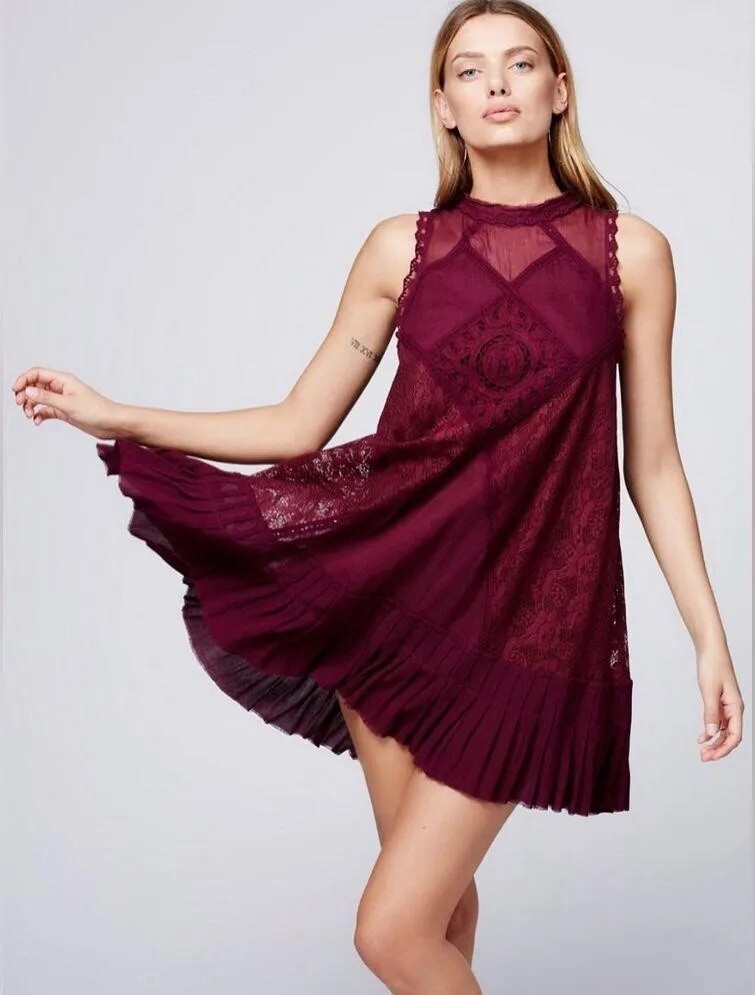 Free People Angel Lace Mini Dress Size XS Wine Burgundy $118