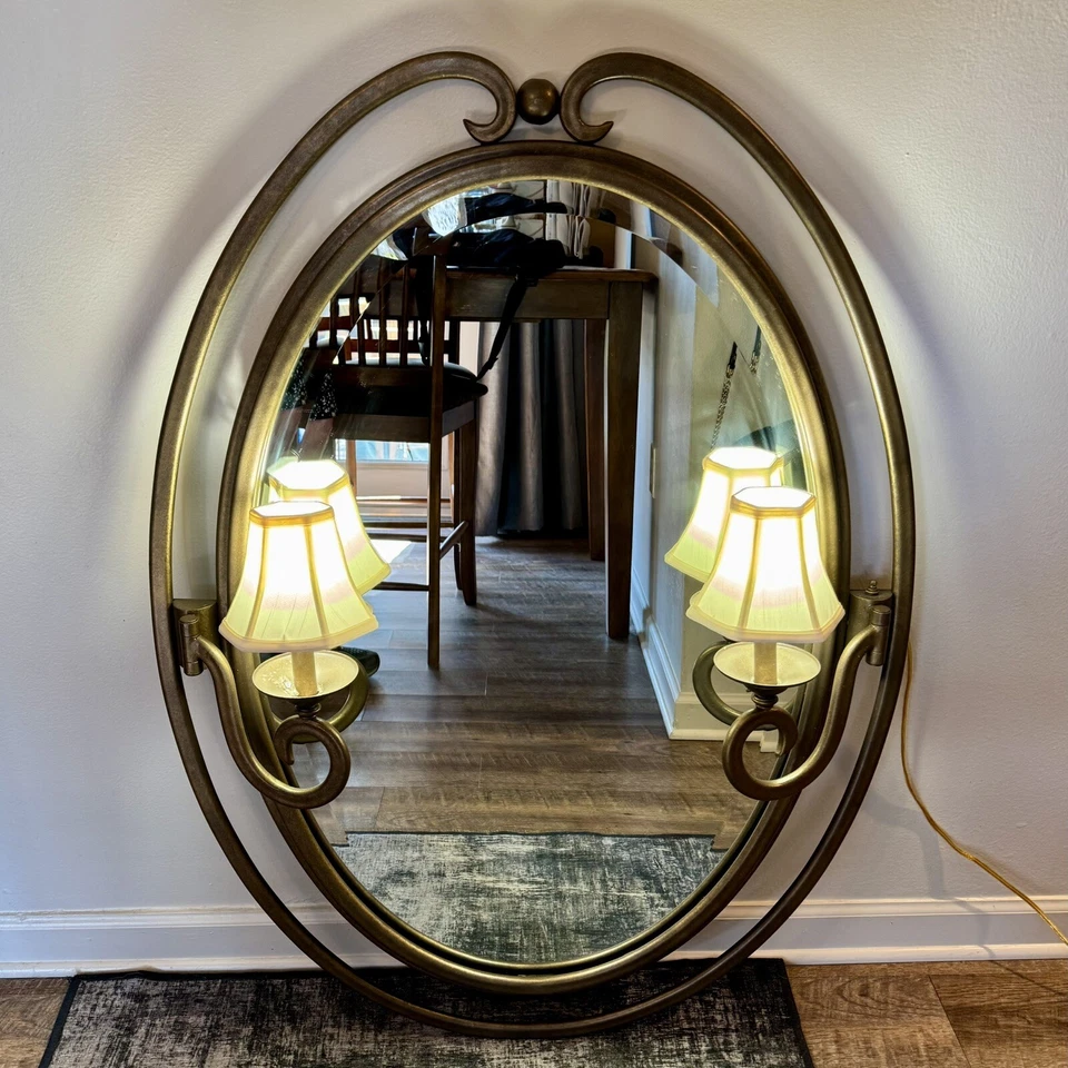 Vintage Kalco Santa Barbara 2 Lighted Oval Mirror In Country Iron Wall Sconce - Image 4 of 4