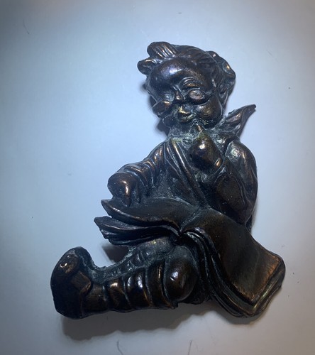 VTG Bronze Tone Metal Brooch, Child reading A Book