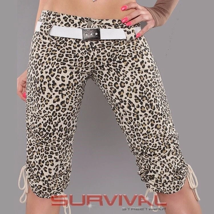 Womens New Sexy Capri Pants Walk Shorts Leopard with FREE Belt Size 8 10 12  14