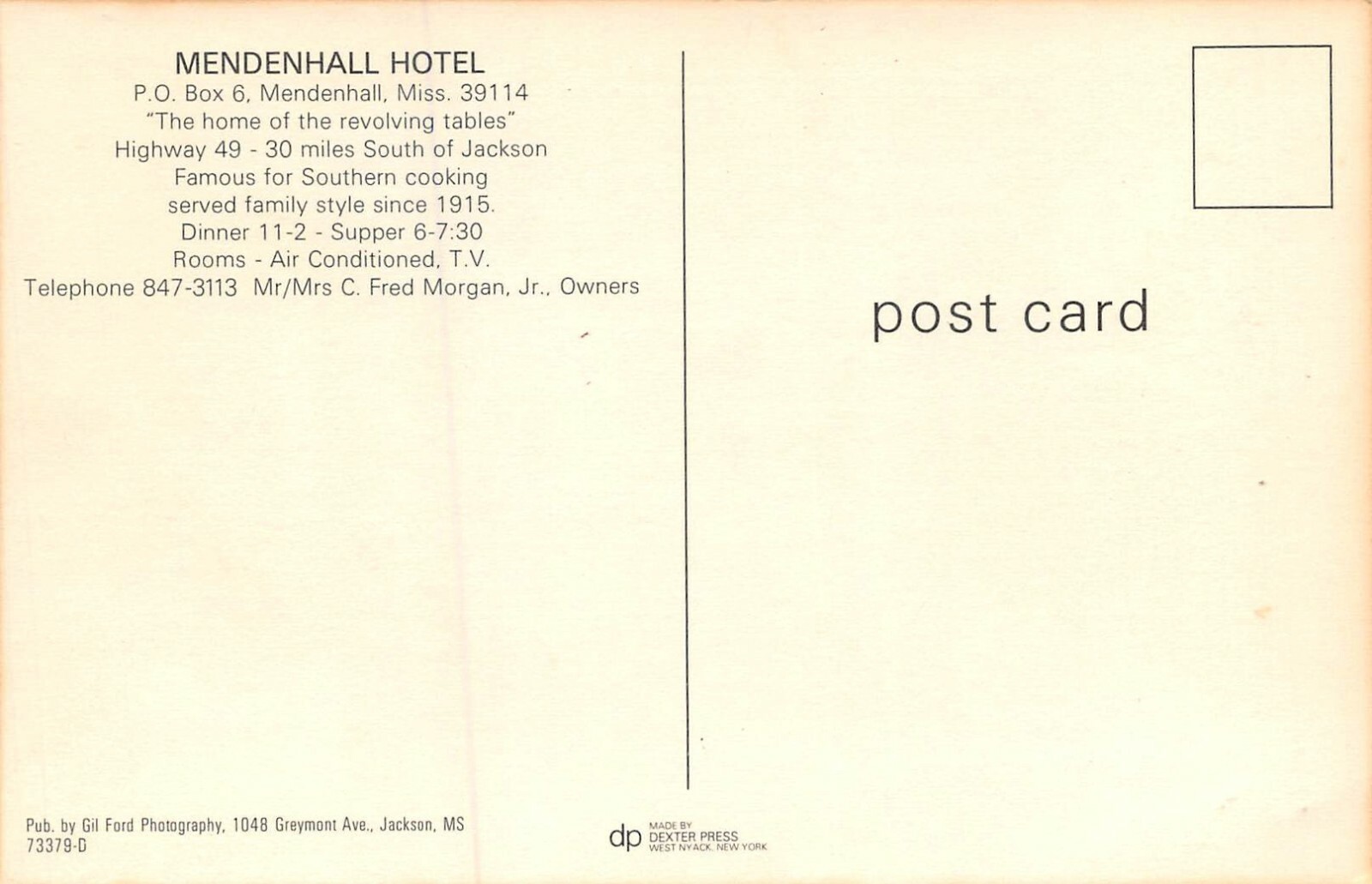 Mendenhall Hotel Home of the Revolving Tables Mendenhall,MS Vtg 1960's