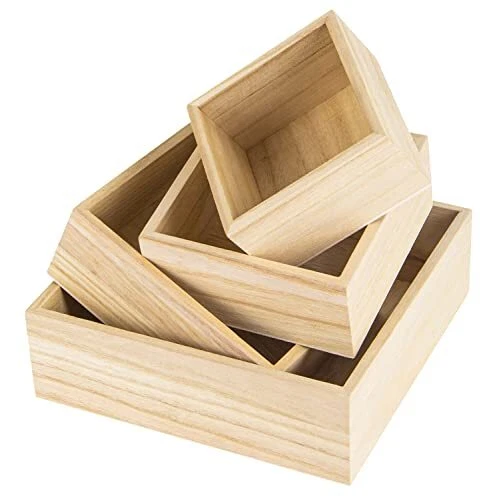 4 Pack Unfinished Wooden Box in 4 Size Rustic Small Square Wood Box for DIY C