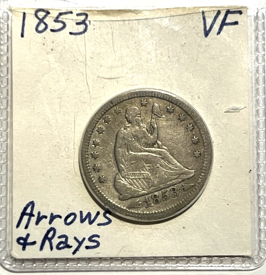 ⭐️ 1853 Arrows and Rays Seated Liberty Quarter VF+ Features Coin 90% Silver 25C - Image 3 of 4