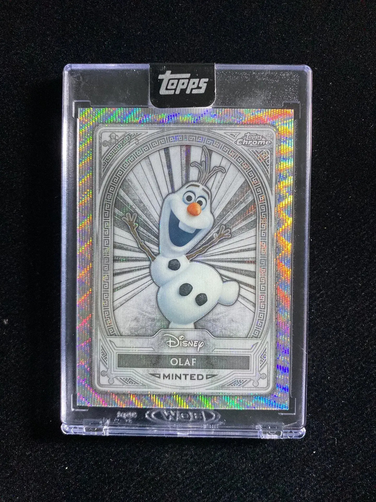 2025 Topps Chrome Disney Minted Olaf /75 Silver Wave Refractor Encased #56 OC53