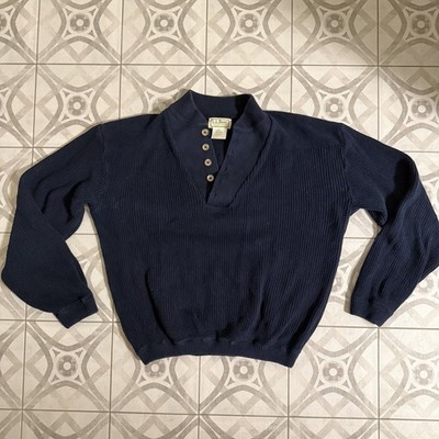Vintage LL Bean Ribbed Henley Pullover Sweater Navy Blue Medium