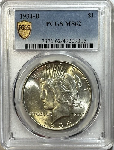 1934-D Peace Dollar - PCGS MS62 - Key Denver Mint - Scarcer Date - Nice Luster!