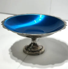 Vintage WM A ROGERS Blue Enamel Silver Plated Pedestal Dish Compote Candy Bowl