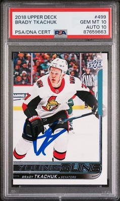 BRADY TKACHUK SIGNED 2017 UPPER DECK YOUNG GUNS #499 PSA 10/10 GEM MINT AUTO