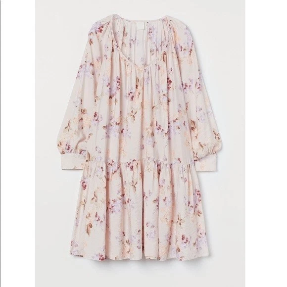 H&M Floral Print Mini Dress Long Sleeve Tiered Hem V Neck Beige Size S - Image 3 of 4
