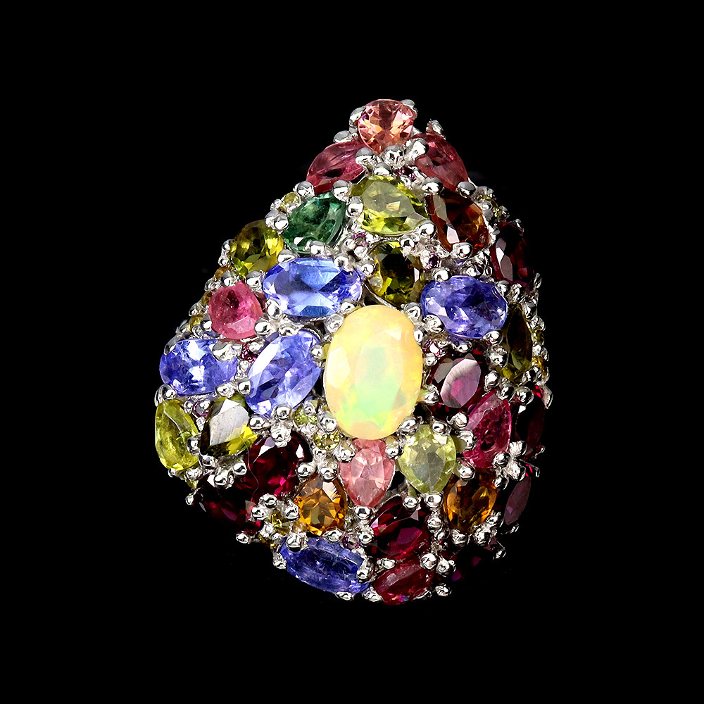 Valentine 925 Silver Ring with Fire Opal Tanzanite Tourmaline Gemstones