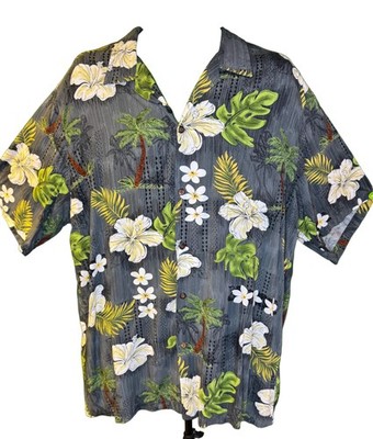 Hawaiihemd Aloha Made in Hawaii grau mit cremefarbenen Blumen Palmen Herren X-Large