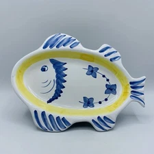 Caleca Italy Yellow Blue Ceramic Fish Plate Hand Painted Marked 9-3/4” Vintage