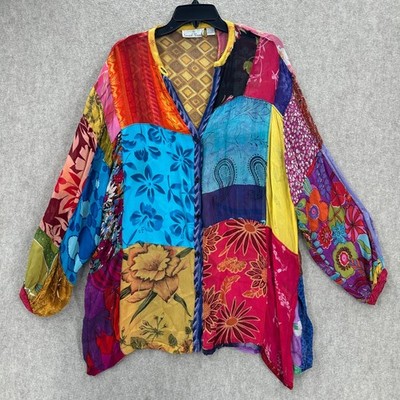Sacred Threads LARGE Patchwork Button Chiffon Tunic Blouse Boho Rayon FLAWS