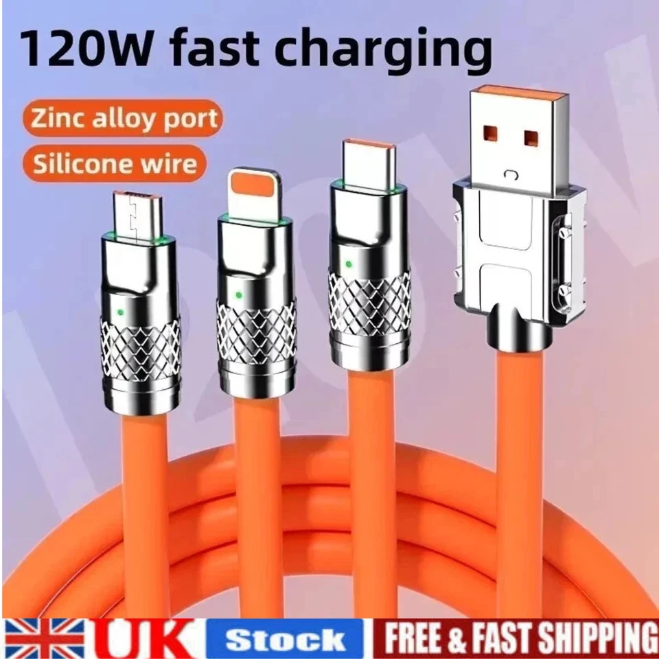 Cable de carga rápida multi USB de 120 W 3 en 1 cable de alta resistencia para iPhone Android Foto 2 de 4