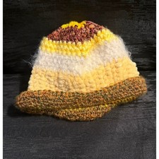 Vintage Handmade Kids Crocheted Beanie Striped Brown Yellow Cream Knit Hat