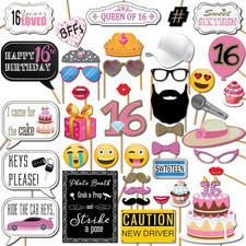 Sweet 16 Photo Booth Props - 41-Pc Selfie Props with 8 X 10-Inch Sign, 60 Adhesi