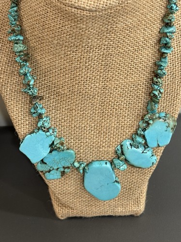 Chunky Turquoise Necklace Large Flat Stones Silver Hook Clasp Clear Glass Beads - Picture 7 of 12