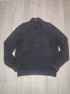 Tommy Hilfiger Quarter Zip Sweater Men's Large Gray 100% Cotton Leather Pull L