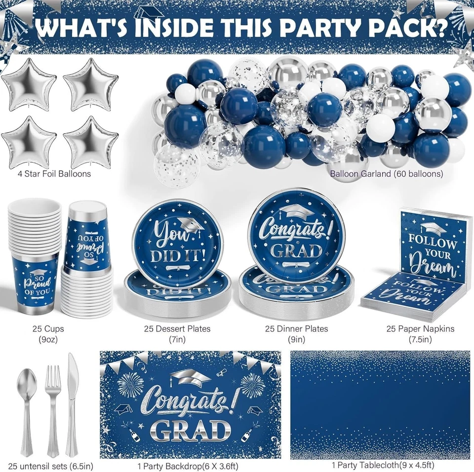 Juego de decoración de graduación premium - Vajilla desechable y telón de fondo festivo Foto 4 de 4