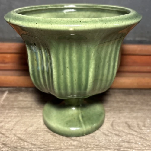 Vintage Pottery Ceramic Pedestal Planter Avocado Ribbed Green Gloss 5” T B9