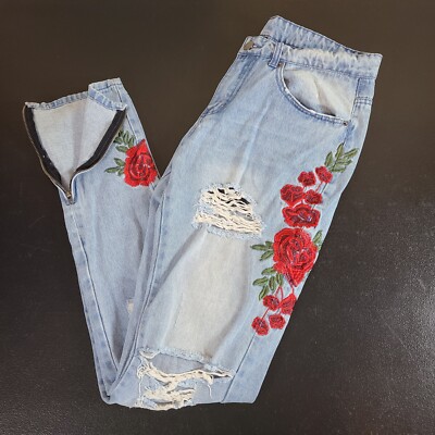 Young Reckless Jeans Y&R Womens 30x33 Denim Embroidered Rose Distressed  Skinny