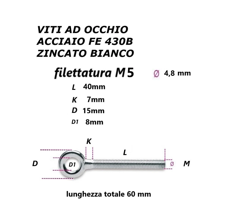 VITI OCCHIELLO PER TENDITORE TASSELLO OCCHIELLI M5 M6 M8 M10 M12 ACCIAIO ZINCATO - Immagine 3 di 4