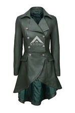 Edwardian Ladies Women Green Washed Real Leather Laced Back Jacket Coat 3492