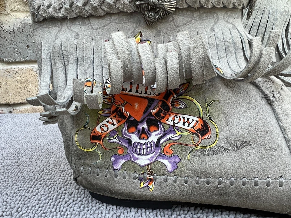 Botines Ed Hardy Mujer Gris Calavera Kill Love Cremallera Lenta Estilo 19SF 107W Gamuza Foto 3 de 4