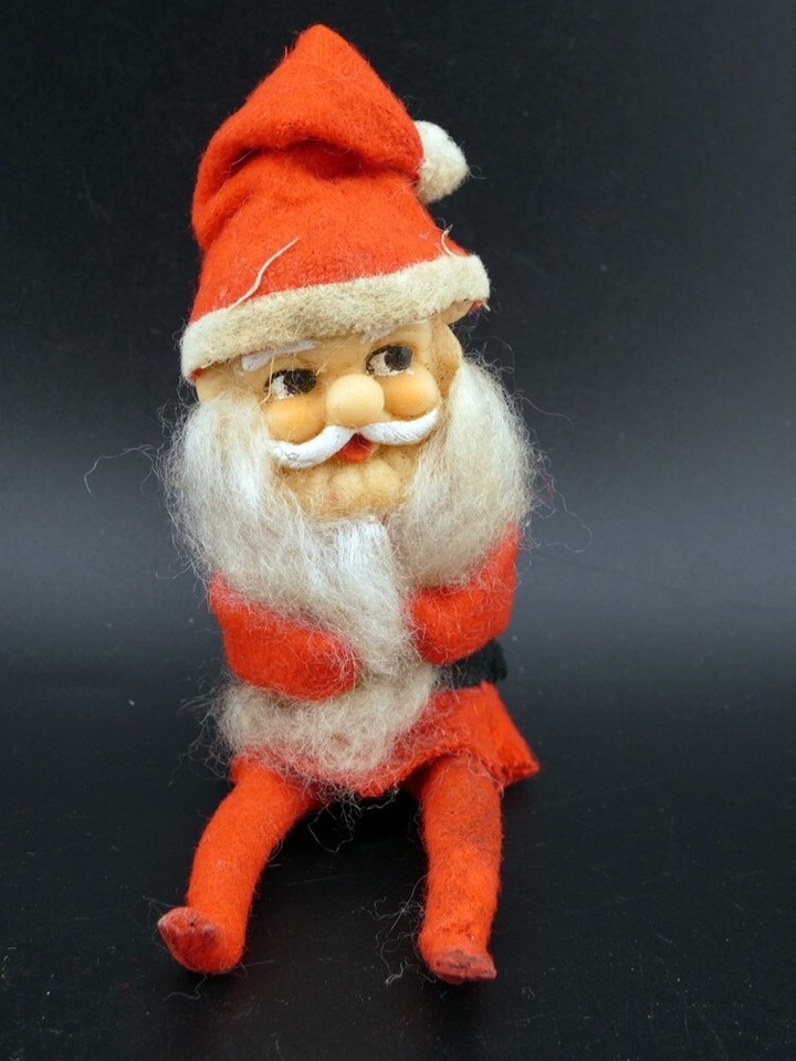 Vintage Christmas Santa Knee Hugger Elf with Two Flocked Brush Trees