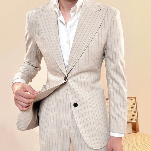 Men's Suits Wide Peak Lapel Striped Regulr Fit Single Breasted Business Summer - Picture 2 of 17