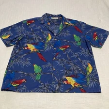 Vtg Paradise Found Mens Sz L Hawaiian Shirt Magnum P. I. Parrot 80s Floral Blue