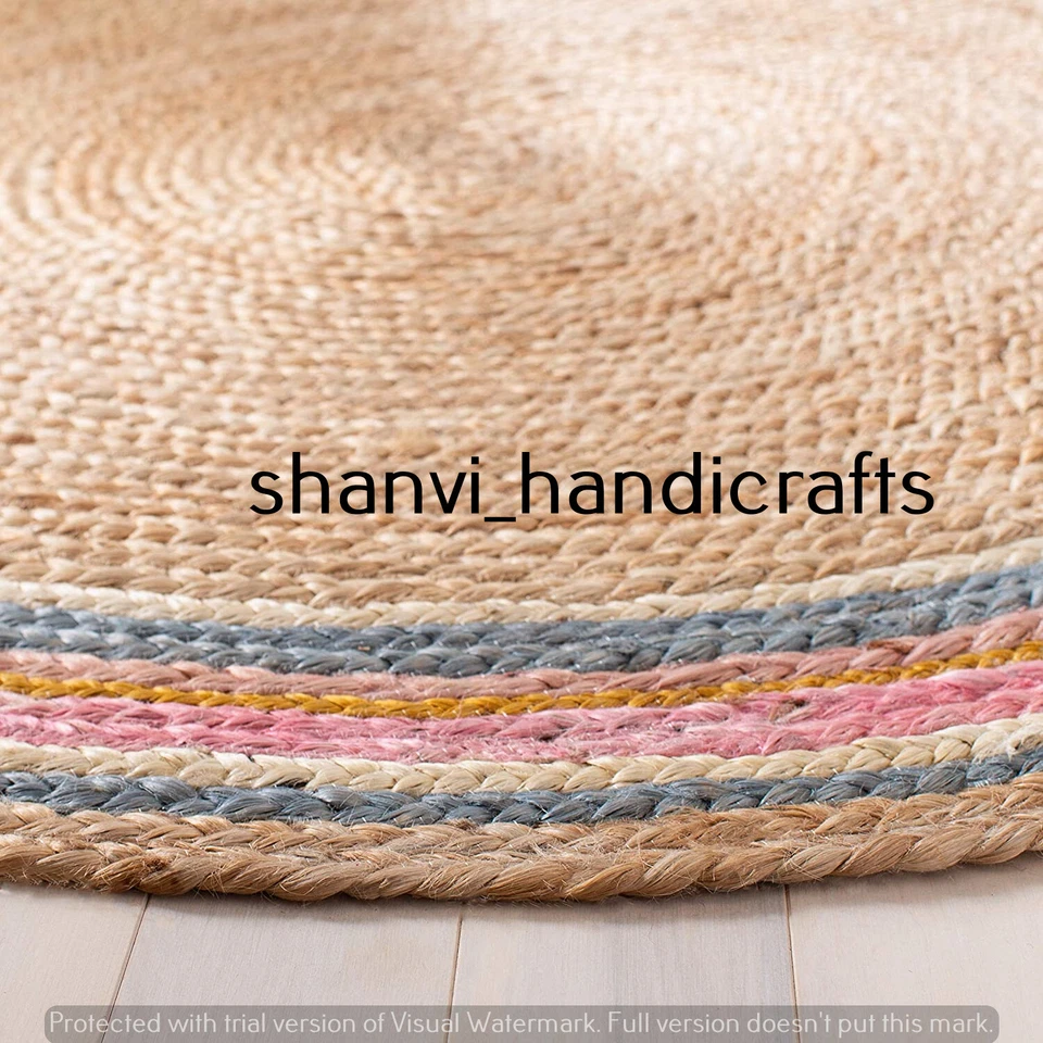 Round Braided Rag Rug Floor Rug Handmade Jute Rug Multi Jute Strip 7 Feet Carpet - Image 3 of 3