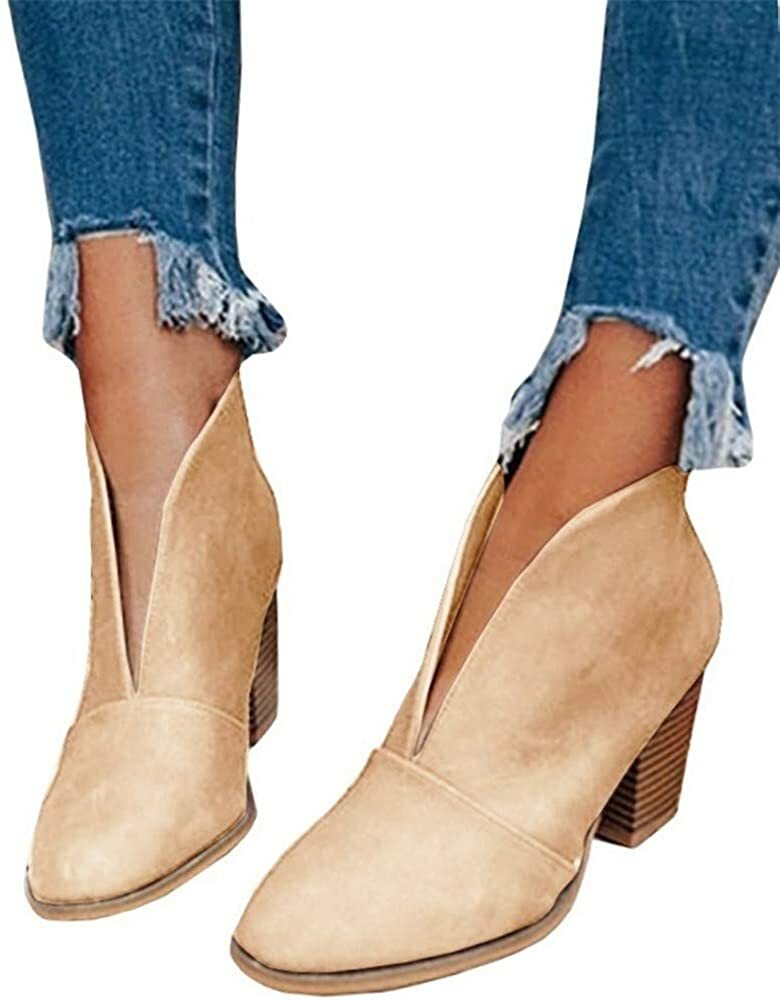 Womens Fall Ankle Boots Deep V Cutout 