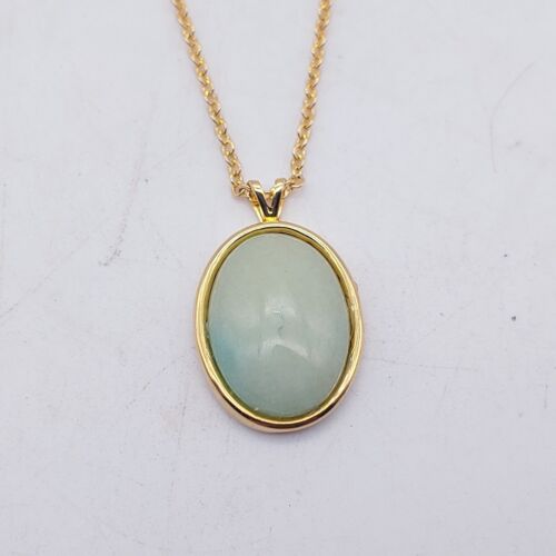 Gold Tone Green Jade Oval Pendant Natural Crystal Gemstone - Picture 1 of 4