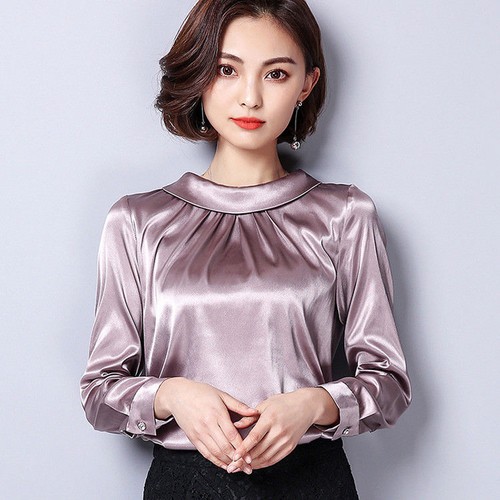 Vintage-Women-039-s-Satin-Silky-Shirt-Long-Sleeve-Shiny-Pleated-Blouse-Pullover-Tops