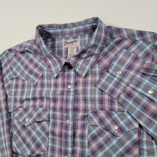 Wrangler Women Wrancher Shirt Large Plaid Western Pearl Snap Blue Pink