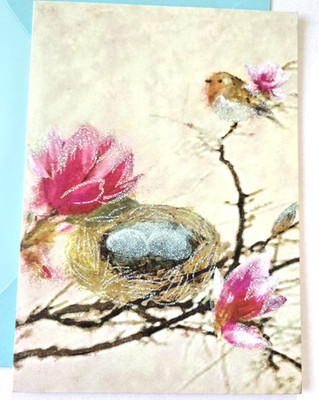 Papyrus Easter Card Pretty Glittery Bird on Flower Branch by Nest with Eggs